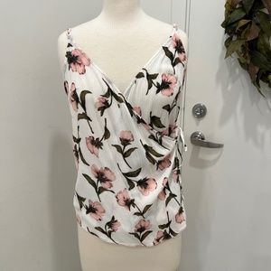 Rose Print Wrap Top, Size M, White & Pink Roses
